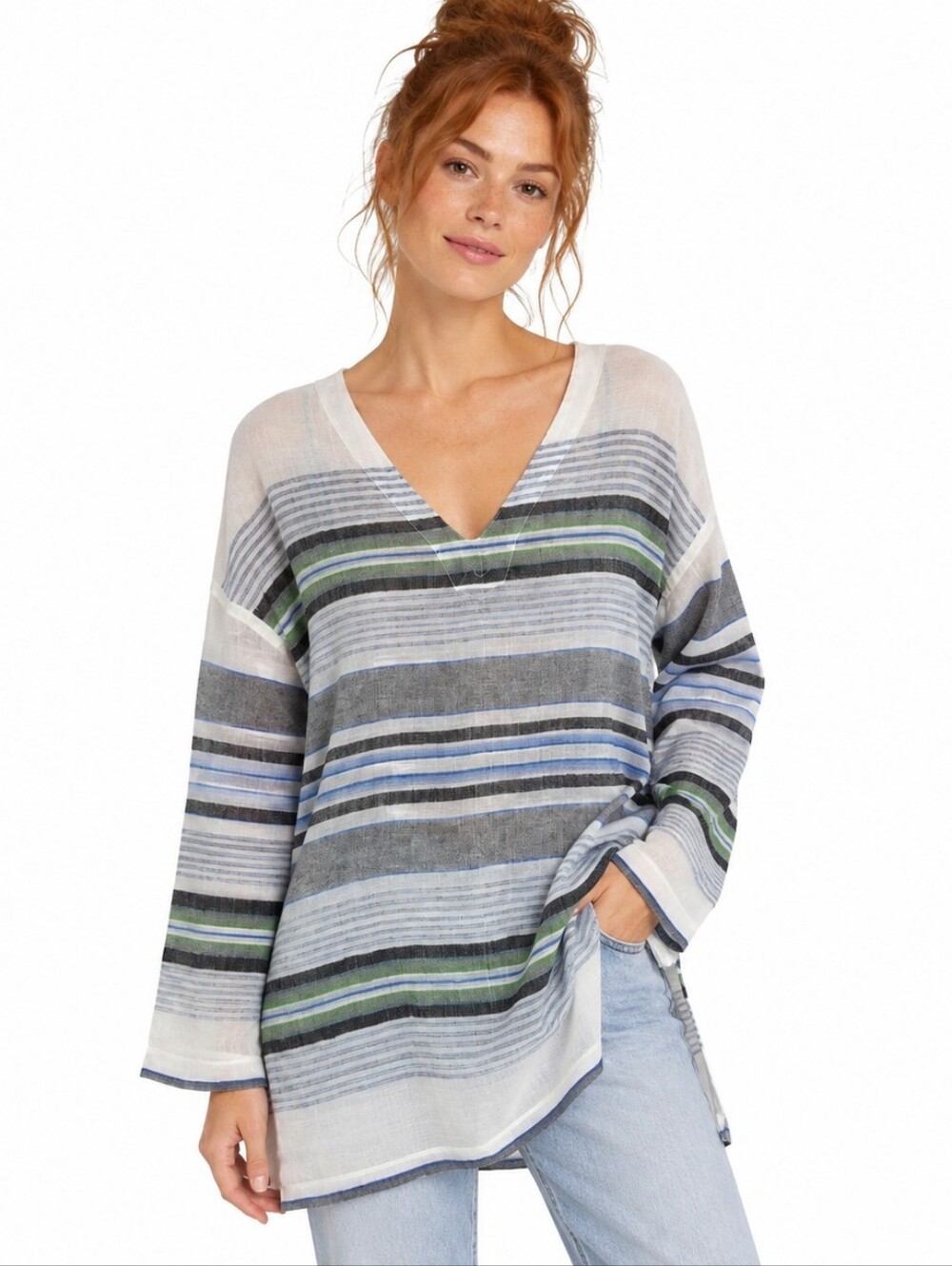 Lemlem Tunic XS Striped Cotton Wool Handwoven V Neck Long Sleeve Revolve